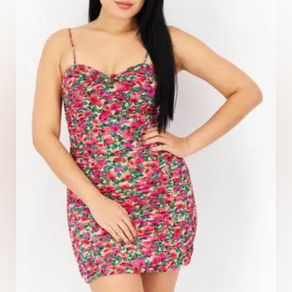 Endless Rose Double Ruched Skinny Floral Mini Dress - Picture 1 of 5